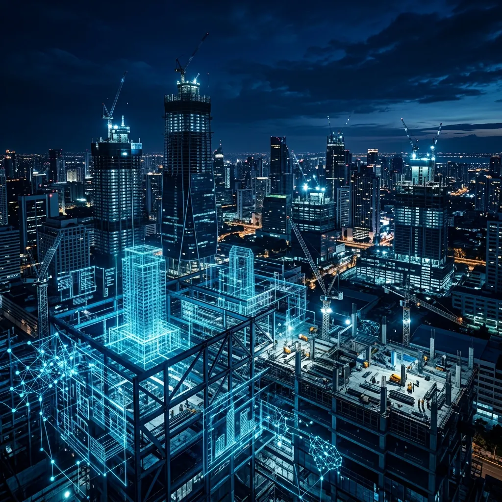 Futuristic construction site with AI technology